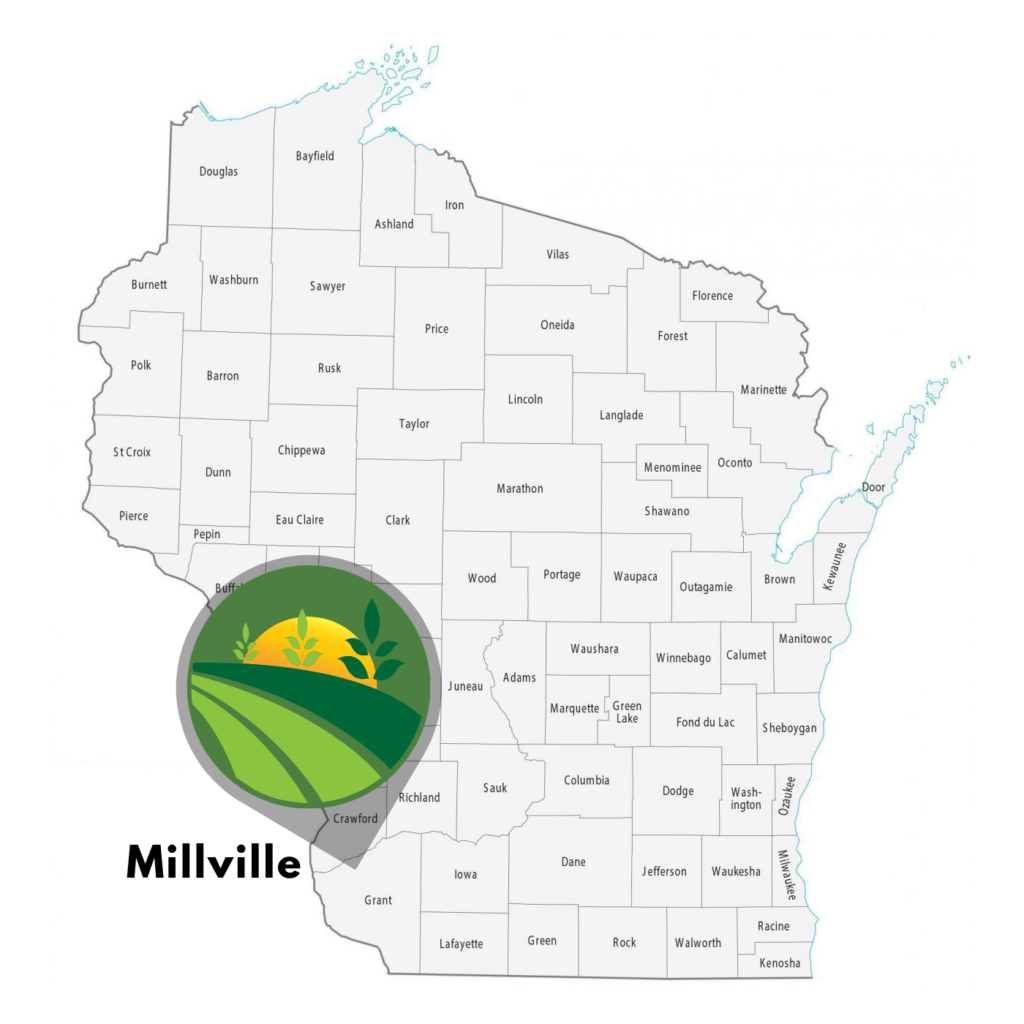 Map of Wisconsin with spotlight on town of Millville