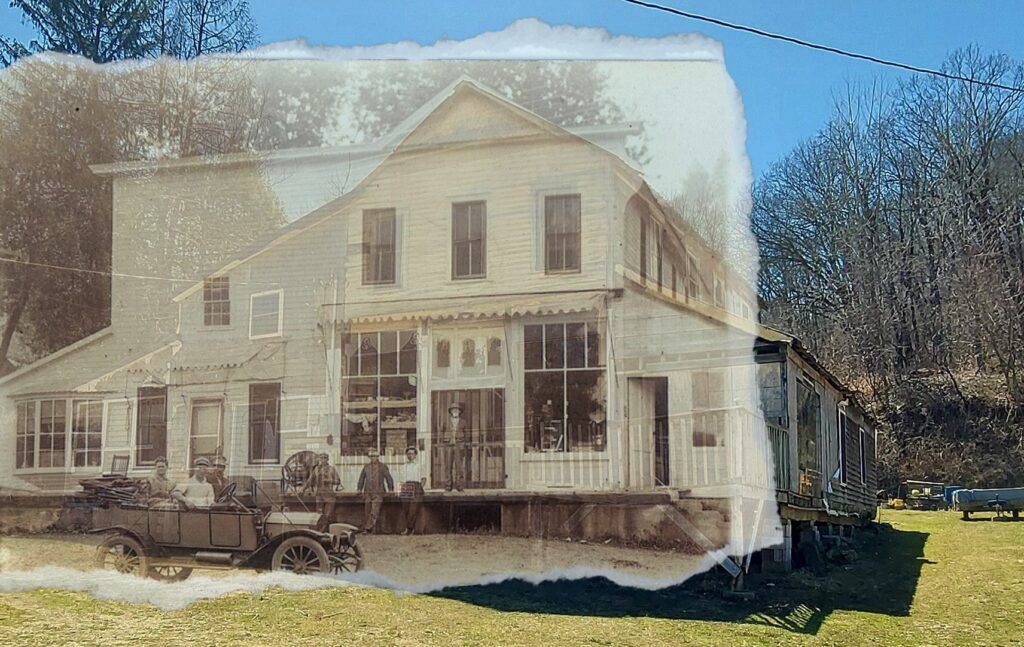 Vintage photo of the Millville, WI general store imposed over a modern-day photo.